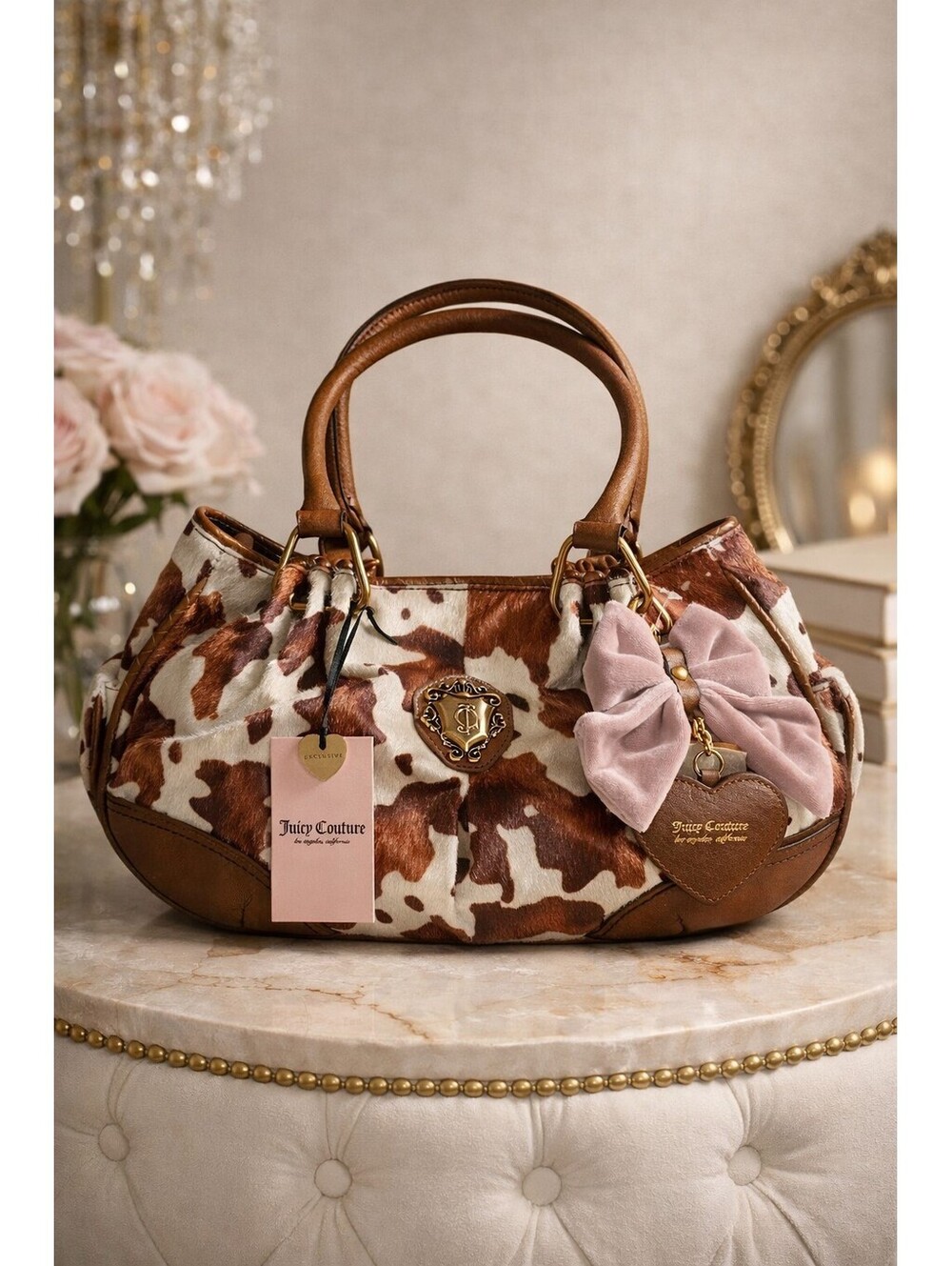NWT Viral Juicy Couture Romance Saddle Brown Cow Print Satchel